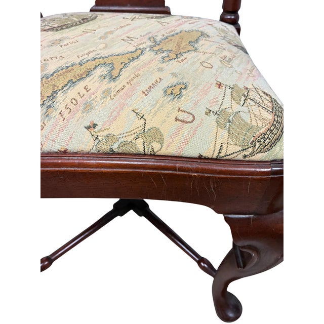 Vintage Queen Anne Style Corner Chair With Nautical Map & Sailing Ship Upholstery For Sale - Image 9 of 12