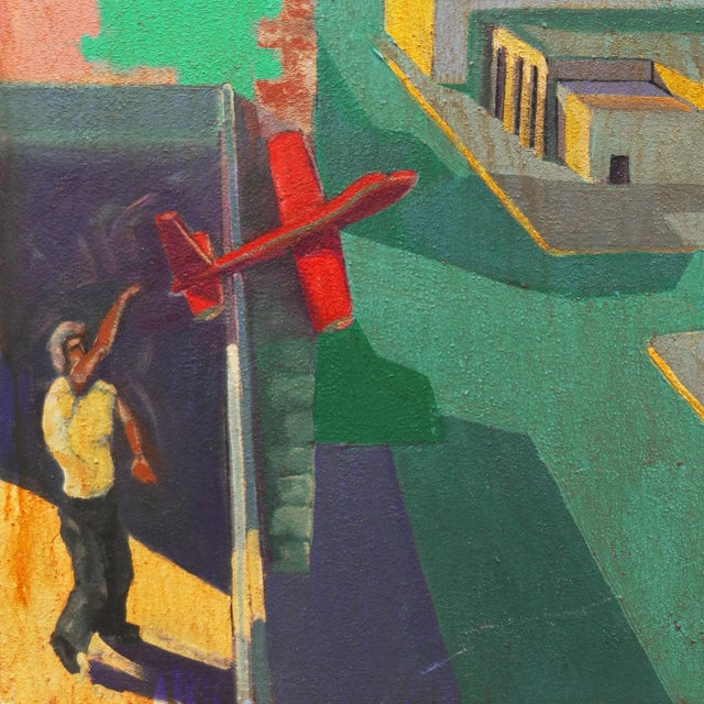 'Red Glider' by Keith Longcor, 2002; Large California Modernist Oil, Modesto Urban Landscape, Airplane For Sale In Monterey, CA - Image 6 of 10