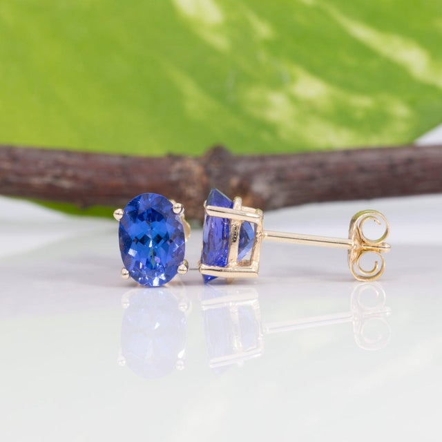 2020s Natural Tanzanite Stud Earrings, Aaa Oval 7x5mm, Solid 14k Gold Studs, Pair For Sale - Image 5 of 8