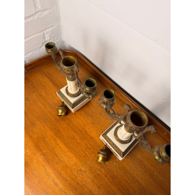 Stone Pair of French Empire Style 19 Century Pair of Marble & Gilt Bronze Candle Sticks With Rooster Heads For Sale - Image 7 of 13