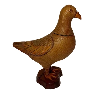 Mid Century Shanghai Handicrafts Woven Wicker Rattan Bird Figurine Box