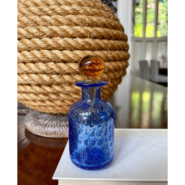Italian Vintage Blue Gold Speckled Murano Glass Decanter Bottle Italian Glass Art For Sale - Image 3 of 8