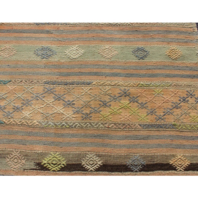 Vintage Hand Woven Turkish Kilim Runner With Geometric Shapes and Colorful Stripes For Sale - Image 9 of 12