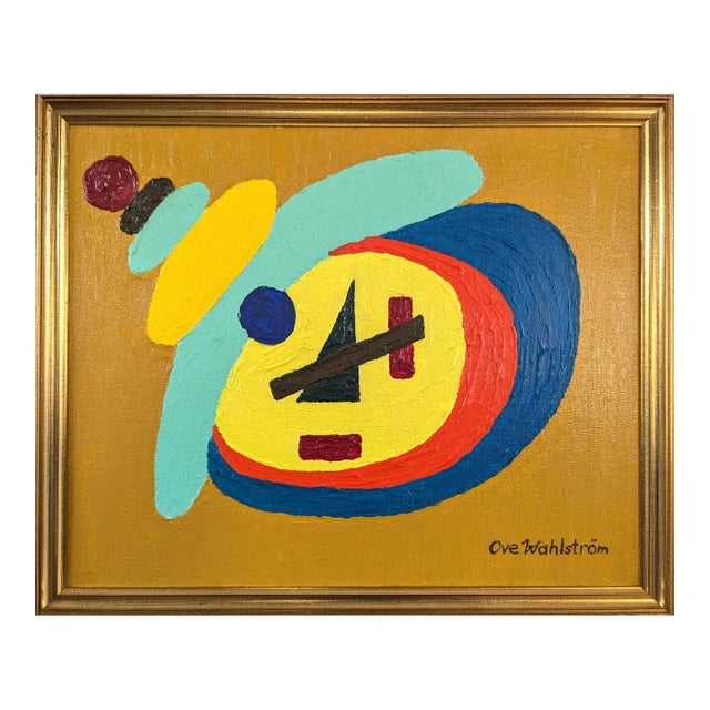Mid-Century Modern 'Orbiting Forms' Vintage Original Geometric Abstract Oil Painting, Framed For Sale