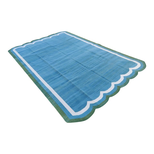 Handmade Cotton Vegetable Dyed Scalloped Edge Rug Teal Blue With Cream and Forest Green Border - 12x15 For Sale