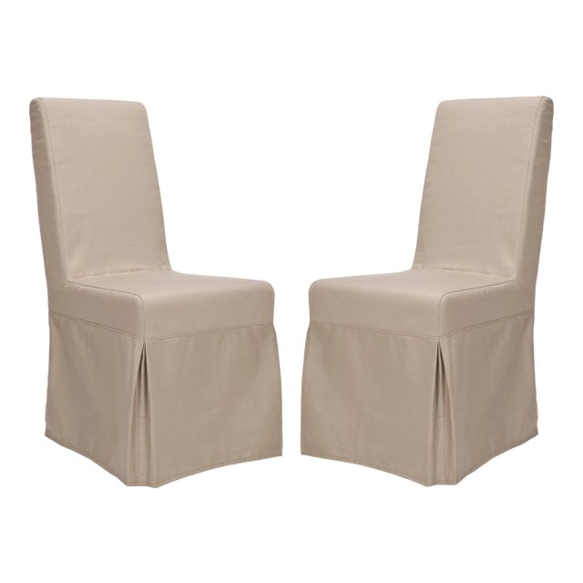 19''H Linen Slipcover Chair , Ecru & Cherry Mahogany - a Pair For Sale