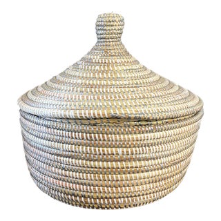 Colorful Basket W/ Lid Senegal West Africa 11" H For Sale