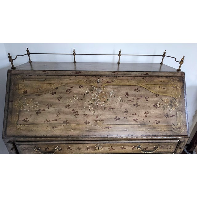 1990s 1990s Lillian August French Provincial Painted Floral Slant-Front Secretary Desk With Brass Gallery For Sale - Image 5 of 18