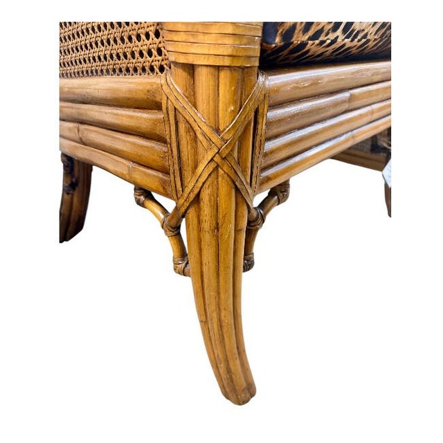 Pair of Double-Caned Rattan Wing Chairs With Leopard Upholstery For Sale - Image 10 of 11