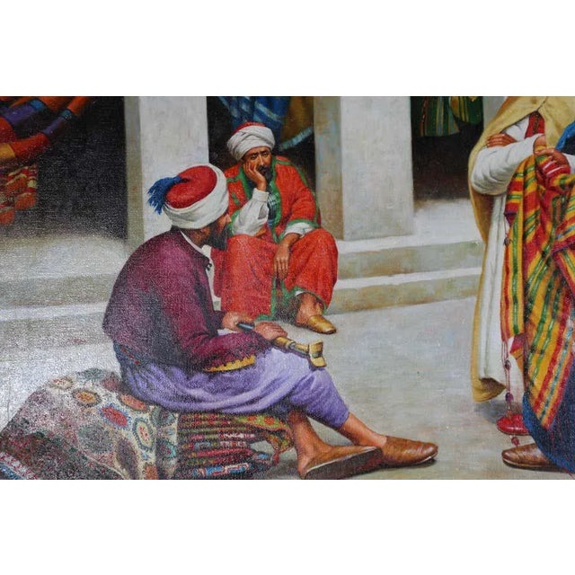 1970s Moroccan Orientalist Oil Painting of a Rug Market For Sale - Image 5 of 11
