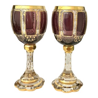 Early 20th Century Steiner & Vogel Wine Glasses Gold and Amethyst Moser Styled Cabochon Paneled - A Pair For Sale