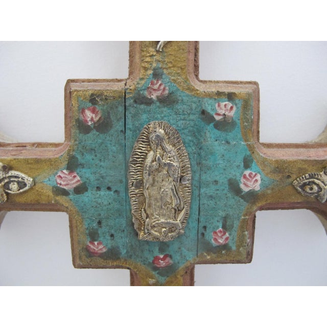 Mexican Mexican Turquoise Wood Folk Art Milagros Lady of Guadalupe Metal Charms Cross For Sale - Image 3 of 9