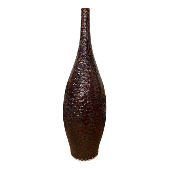 Textured Reddish Brown & Black Glazed Ceramic Vase For Sale
