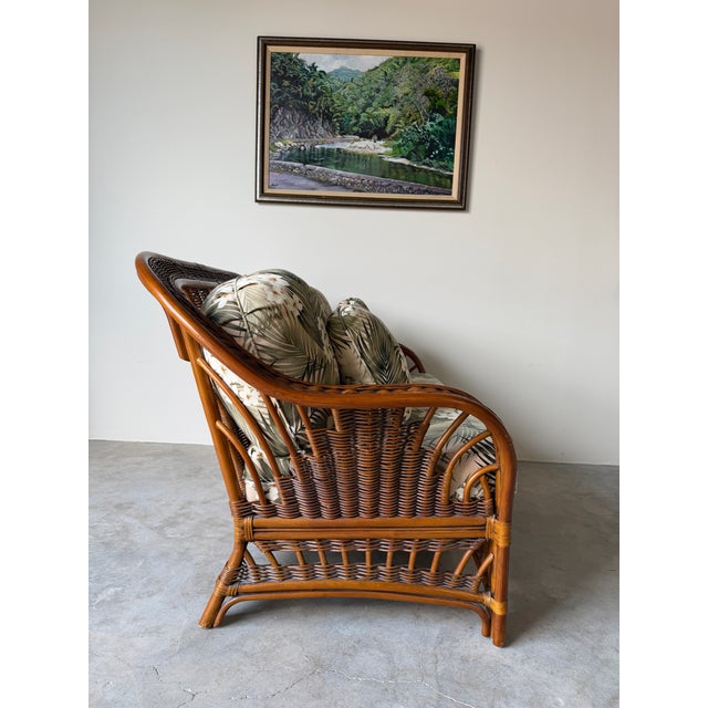 Brown Vintage Coastal Organic Bohemian Rattan & Leather-Wrapped Loveseat For Sale - Image 8 of 12