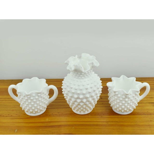 Early 20th Century Early 20th Century Mid Century Modern Fenton White Milk Glass Hobnail Ruffled Bud Vase Star-Rimmed Sugar Bowl & Creamer - 3 Pieces Set For Sale - Image 5 of 6