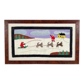 1930s Grenfell Rug of Dog Sled Team, Mounted and Framed For Sale
