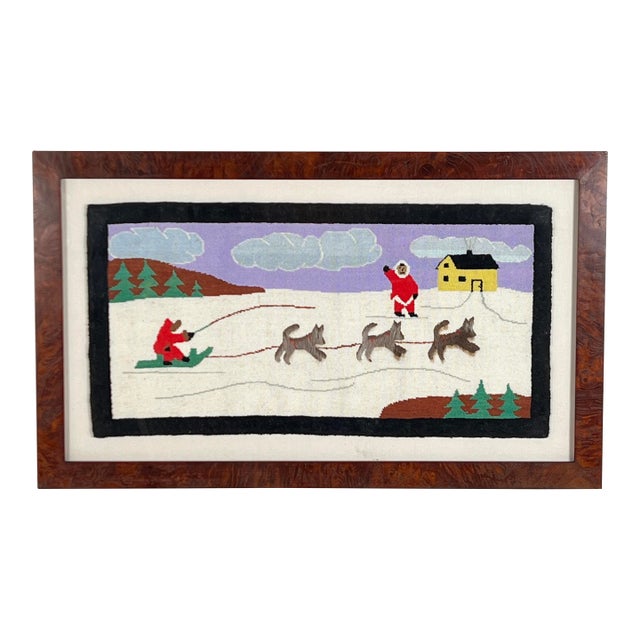1930s Grenfell Rug of Dog Sled Team, Mounted and Framed For Sale