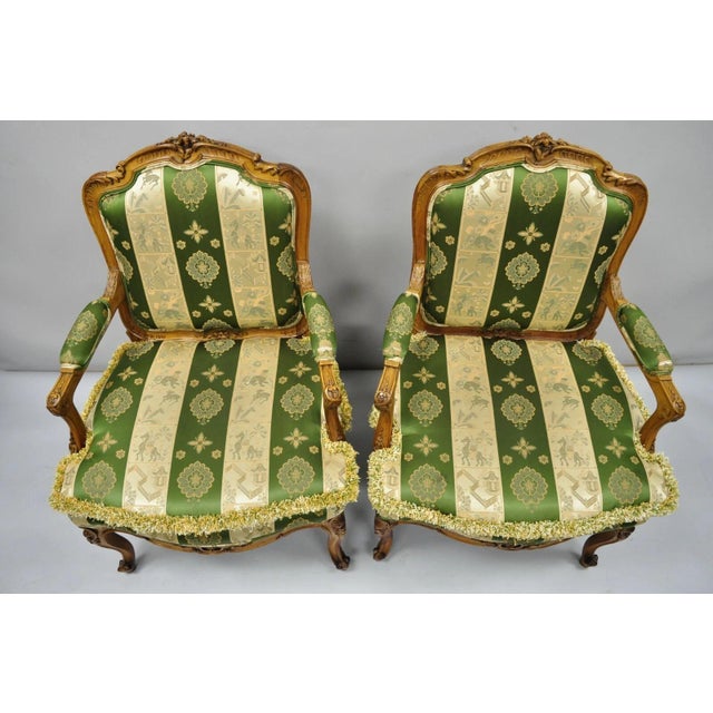 French Antique French Louis XV Style Green & Gold Walnut Fauteuil Arm Chairs - A Pair For Sale - Image 3 of 12