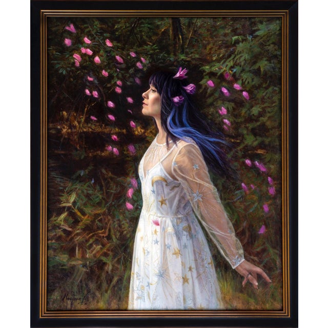 The painting features a young woman standing amidst a lush, wooded backdrop, her ethereal presence highlighted by a...