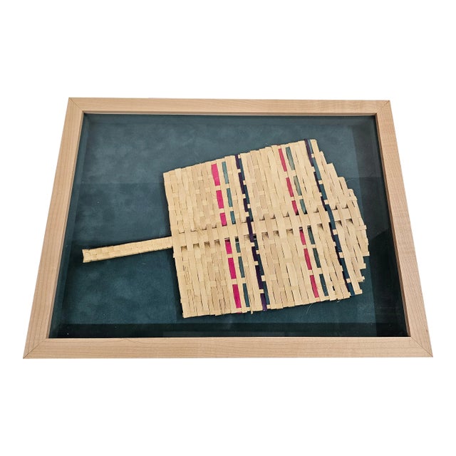 Woven Rattan Basket Weave Hand Fan in Shadow Box For Sale