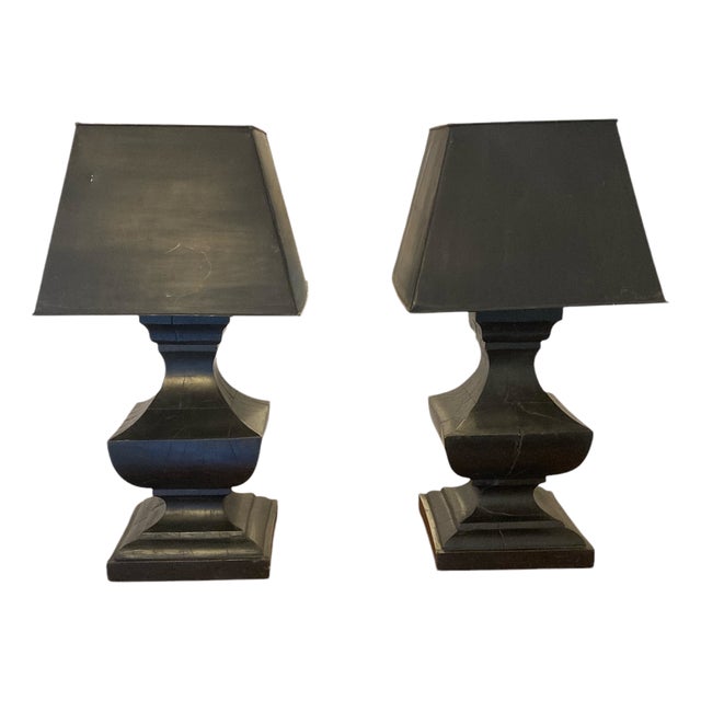 Large French Hand Carved Table Lamps in Ebonsied Wood with Black Rustic Metal Shades, Set of 2 For Sale