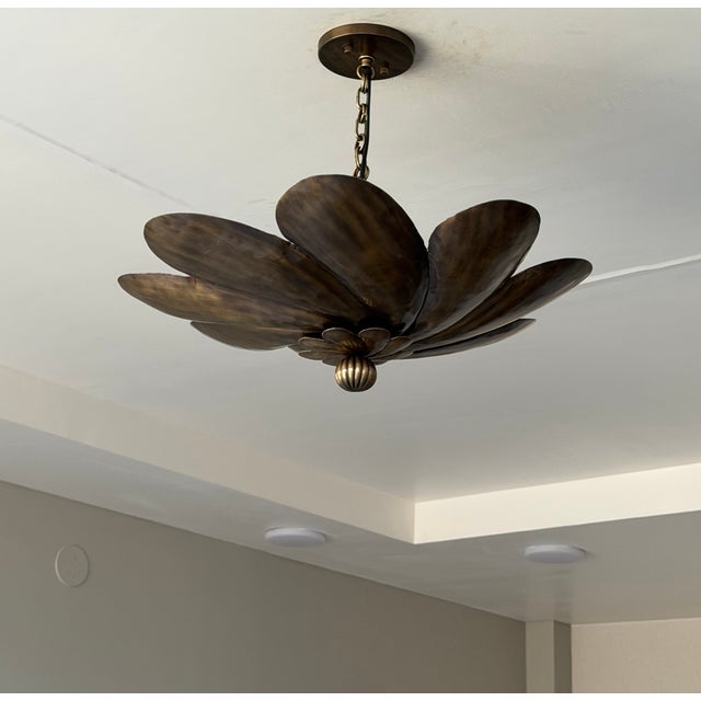 Metal Antique Brass Floral Pendant Light Fixture, Handmade Flower Ceiling Light For Sale - Image 7 of 12