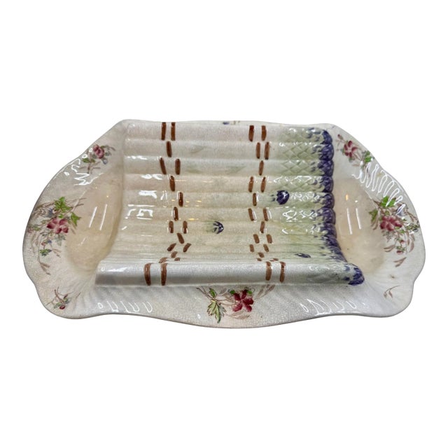 Antique 19th Century Ceramic Asparagus Serving Tray With Hand Painted Floral Designs For Sale