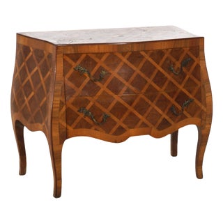 Antique Parquetry Italian Bombe Two Drawer Olive Wood Commode C1890 For Sale
