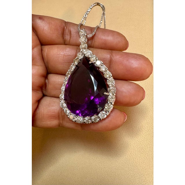 65 Carat Amethyst & 8.5 ct Diamond Pendant Necklace 14 Karat White Gold + Chain For Sale In New York - Image 6 of 18
