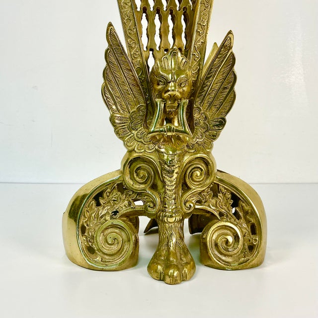 1920s Antique French Edwardian Brass Gargoyle Peacock Fireplace Screen For Sale - Image 12 of 18