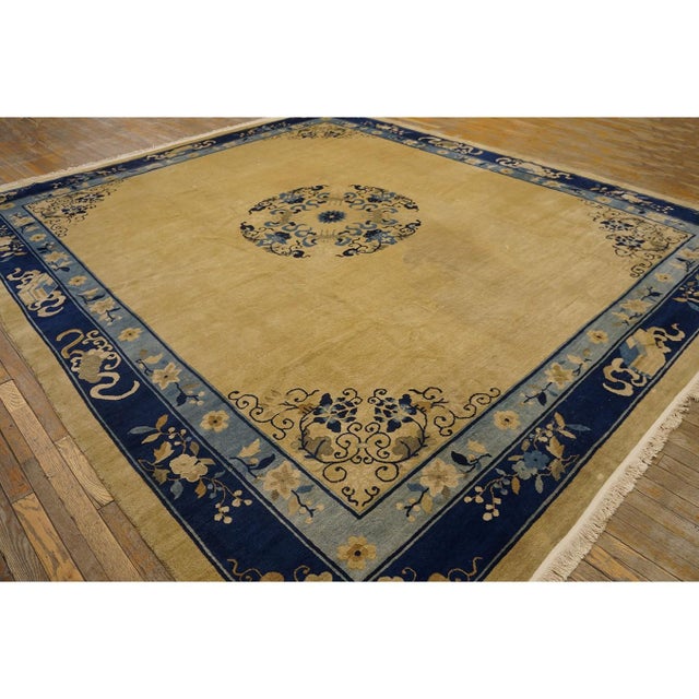 1920s Beige Field Floral Deco Medallion Antique Chinese Peking Rug 10' X 11'6'' For Sale - Image 10 of 10
