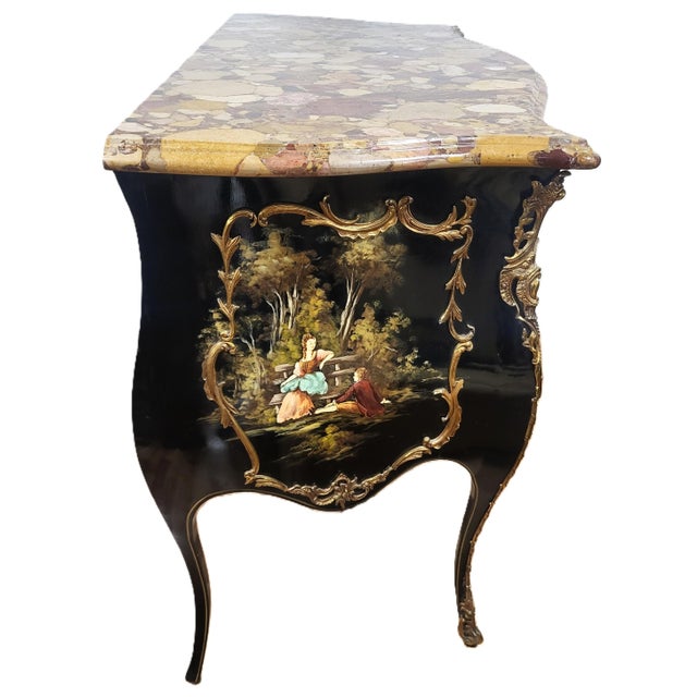 Vintage Louis XV Style Black Lacquered & Painted Marble Top Bronze Mounted Commode For Sale - Image 10 of 18