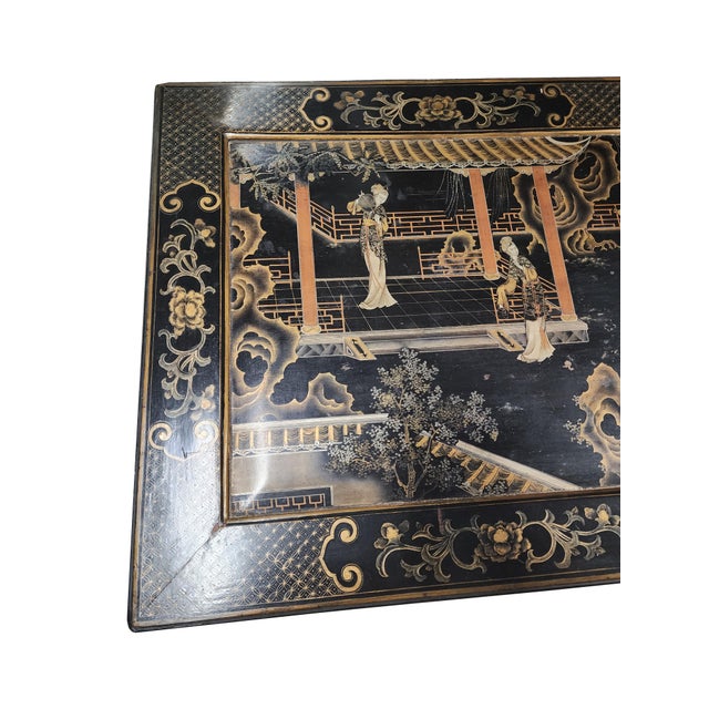 Late 20th Century Oriental Black Lacquer Coffee Table (Hand-Painted Chinoiserie / Oriental Scene) For Sale - Image 4 of 9