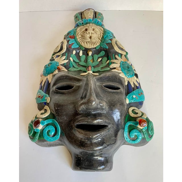 Ceramic Vintage Mexican Folk Art Ceramic & Stone Embellished Sculptural Wall Mask For Sale - Image 7 of 12