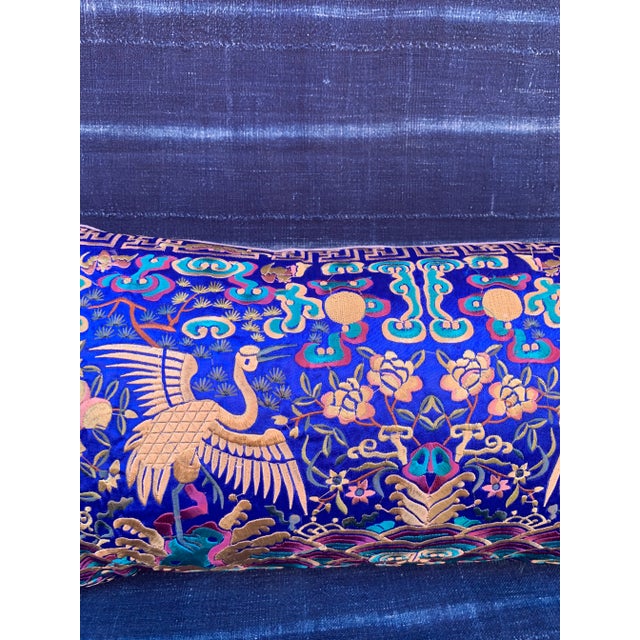 Chinoiserie Hollywood Regency Royal Blue & Gold Silk Embroidered Cranes Chinoiserie Boudoir Lumbar Pillow For Sale - Image 3 of 11