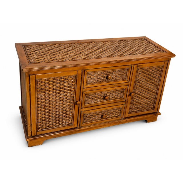 Wood 1980s Vintage Woven Rattan and Wood Credenza Sideboard For Sale - Image 7 of 11