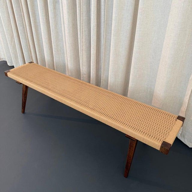 Beige Mid-Century Modern Style Hand-Woven Rope Weave and Walnut Bench For Sale - Image 8 of 10
