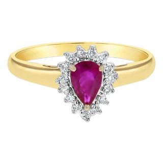 Pear Shaped Ruby Diamond Halo Ring, Size 7 For Sale