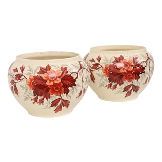 Large Antique Flower Pots Cachepots with Floral Decor, Set of 2 For Sale
