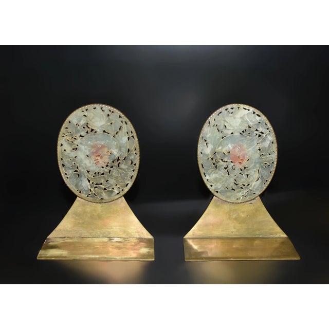 Pair Antique Chinese Serpentine Jade Red Agate Engraved Brass Bookends For Sale - Image 13 of 13