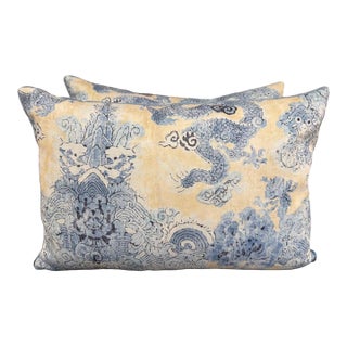 Pair of Twigs Chinoiserie Dragon Pillows With Belgian Linen Backs For Sale