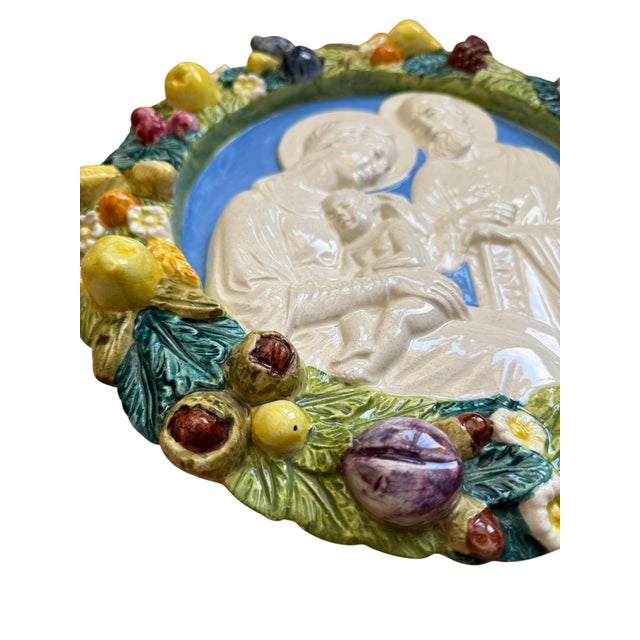 Vintage Italian Majolica Pottery Della Robbia Style Wall Plaque For Sale - Image 10 of 15