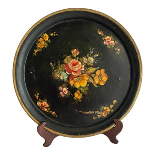 19th Cenury Antique French Hand Painted Floral Tole Tray For Sale