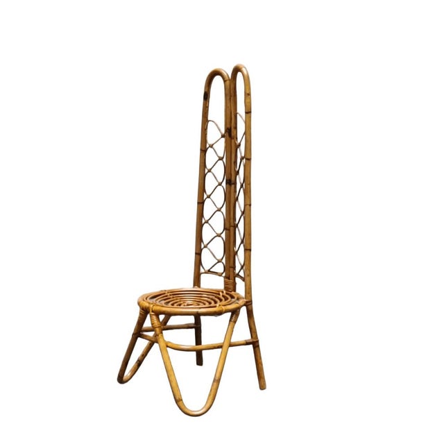 Wood Low Chair with Curved Bamboo Double High Backrest, Italy, 1960s For Sale - Image 7 of 8