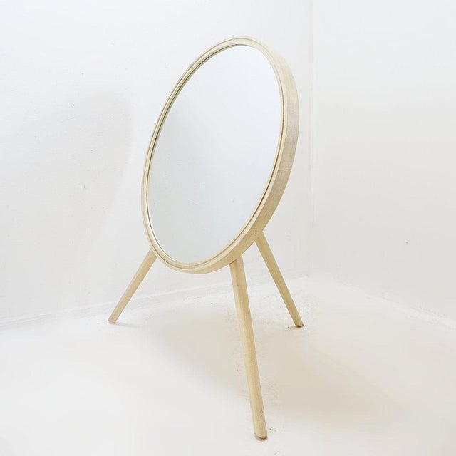 Cream Round Tripod White-Washed Wood Floor Mirror For Sale - Image 8 of 12