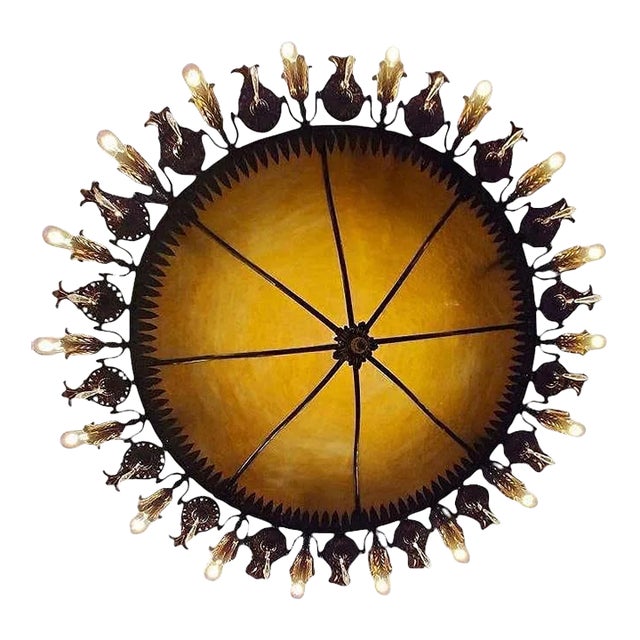 Antique Large Art Deco Style 18 Light Slag Amber Glass Chandelier Circa 1923 For Sale