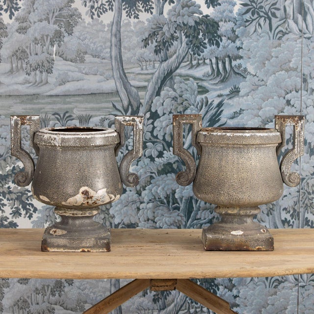 Greige Early 19th C. French Pair of Directoire Style Iron Urns For Sale - Image 8 of 18