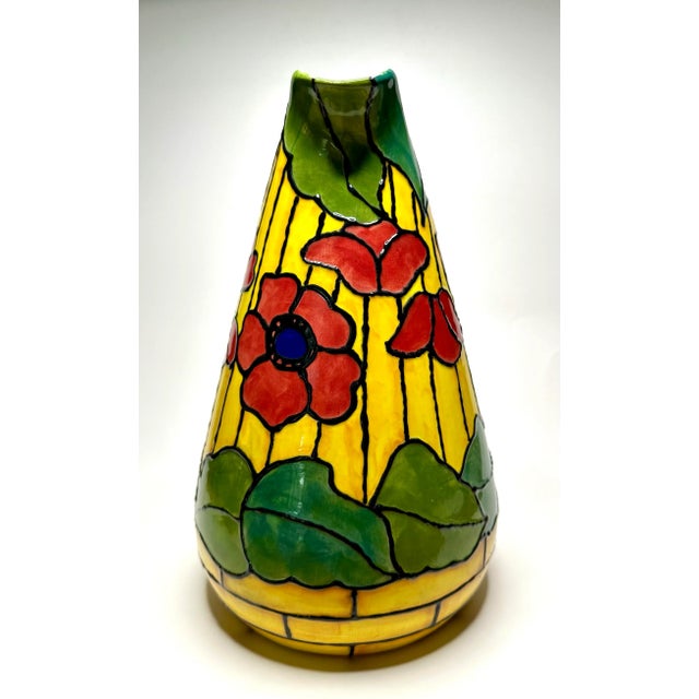 Late 20th Century Vintage Art Nouveau Tiffany Style "Poppy Flowers" Painted Ceramic Pitcher, Yellow, Red, and Navy Blue For Sale - Image 5 of 11