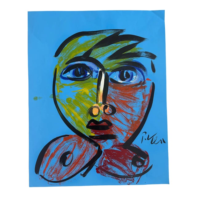 Late 20th Century Original Peter Keil Abstract Portrait Acrylic Painting For Sale
