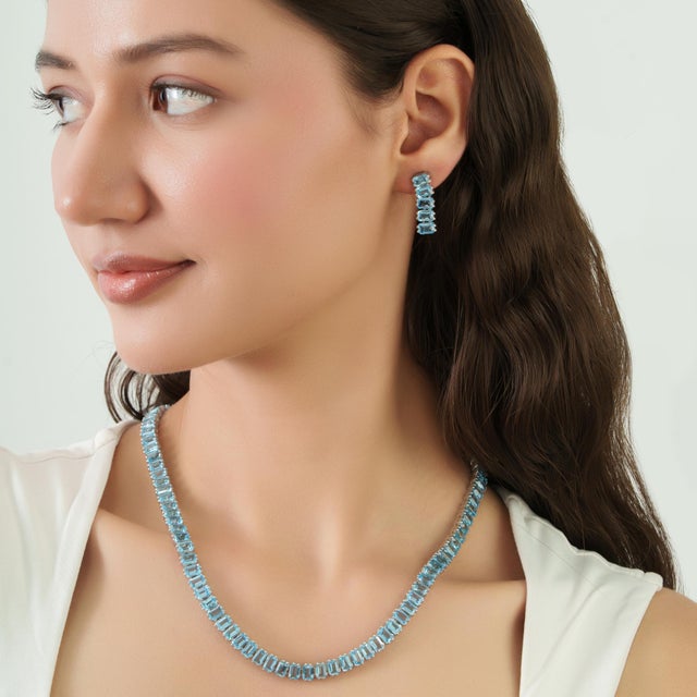 Sky Blue 52.42 Ct Certified Natural Blue Topaz Tennis Necklace & Drop Earrings Set, 3 Pieces For Sale - Image 8 of 17